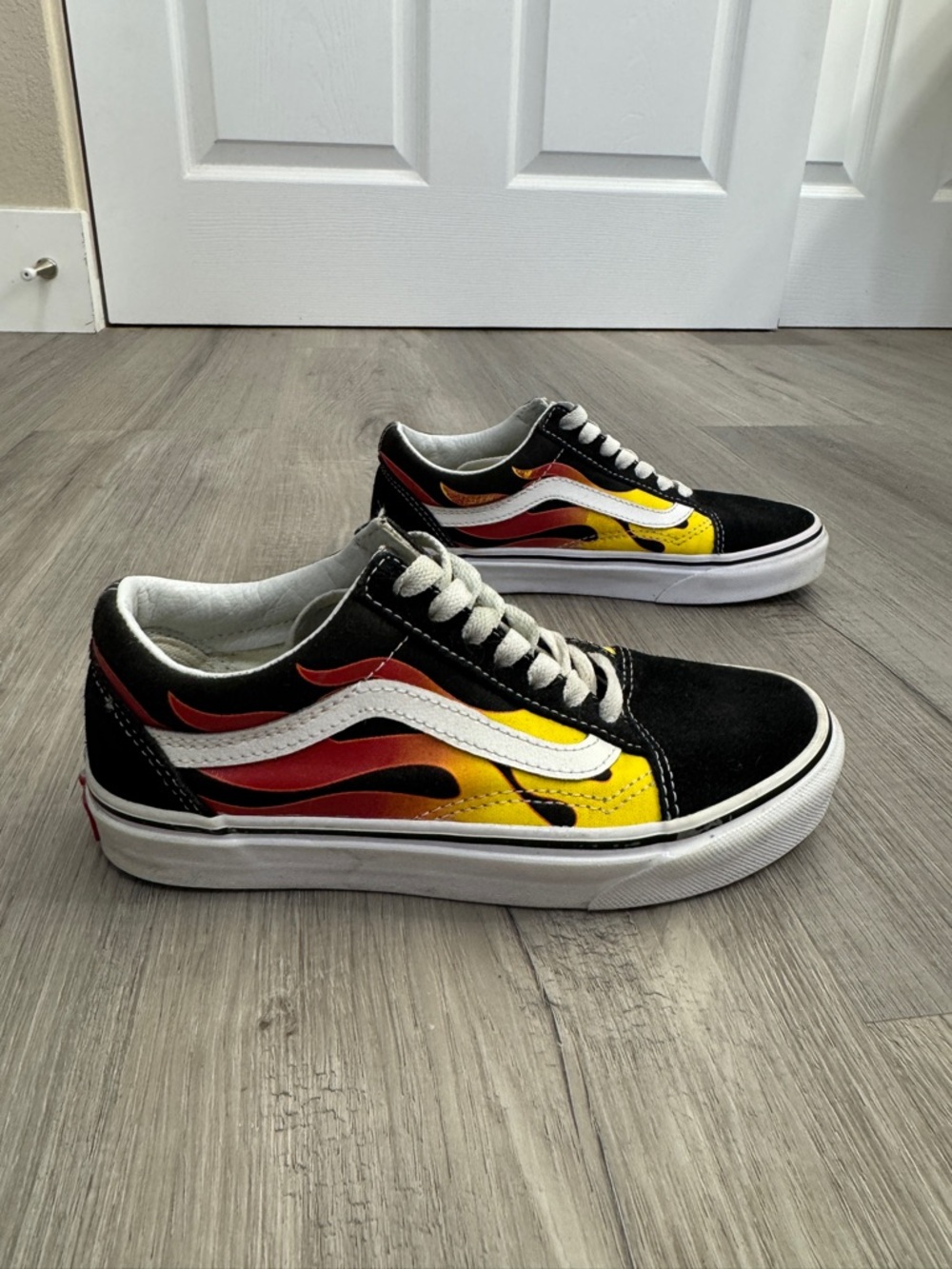 Vans Black Old Skool Sneakers with Red, Orange & Yellow Flame Graphic